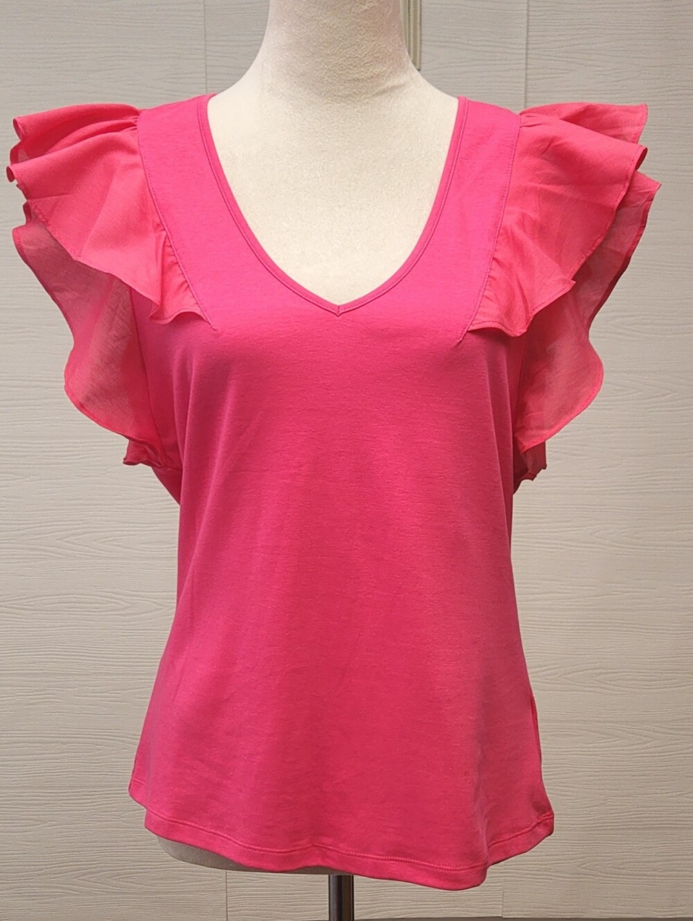 Boston Proper Pink V Neck Ruffle Flutter Sleeve Top Women's Size Medium